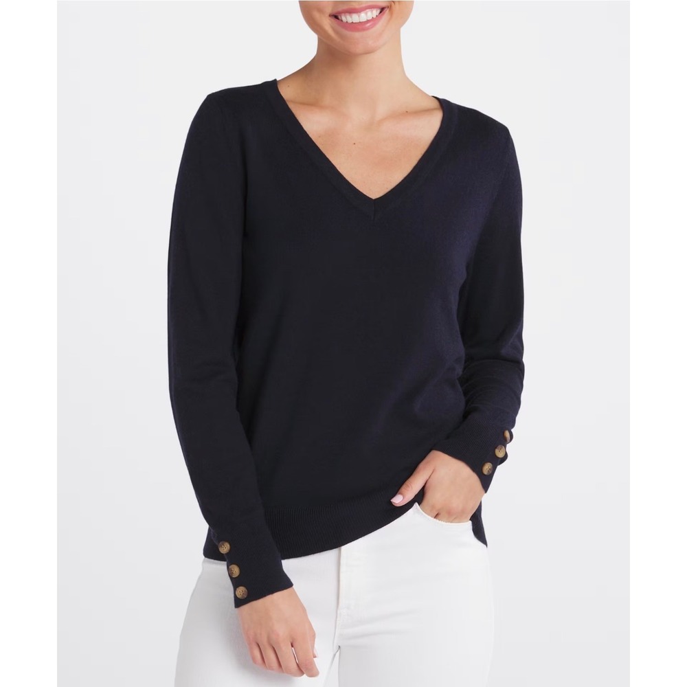Fortune + Ivy Navy Malabo Button Sleeve V-Neck Sweater Womens XXL New